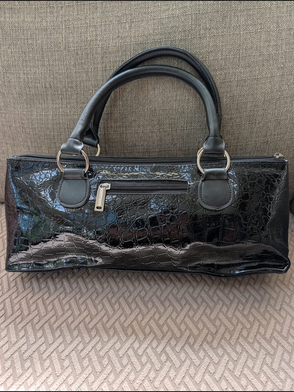 Primeware Black Croc-Embossed Patent Handle Cooler Bag EUC